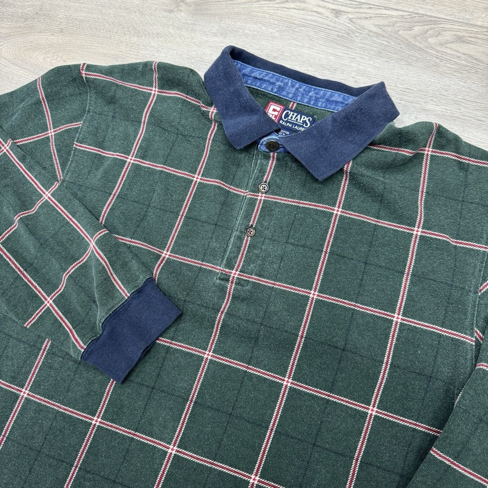 VTG Chaps Ralph Lauren L/S Windowpane Green Polo‎ Shirt Sz XL Cotton